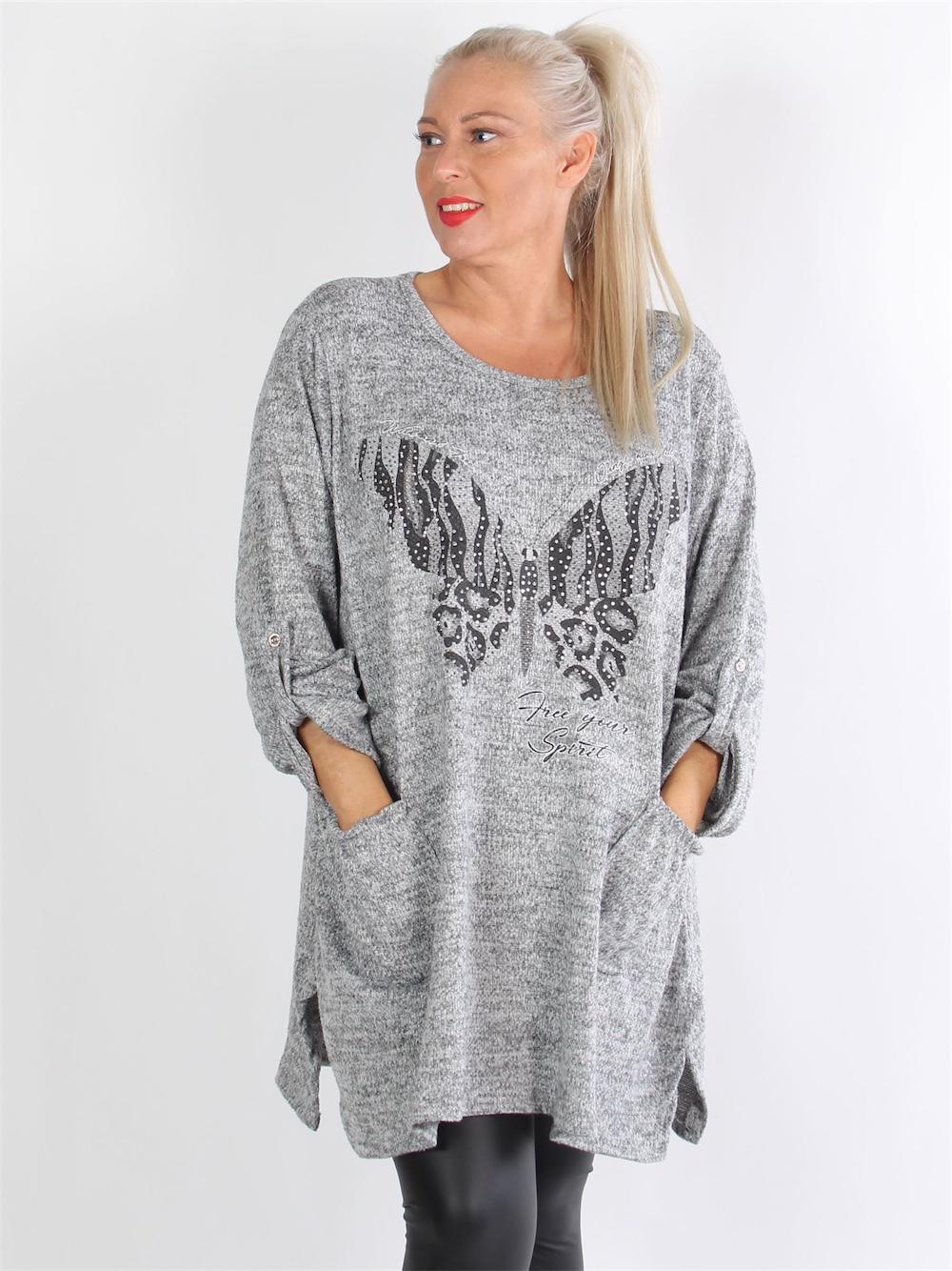 Zia - Mørkegrå strikbluse med en sommerfugl og similisten foran